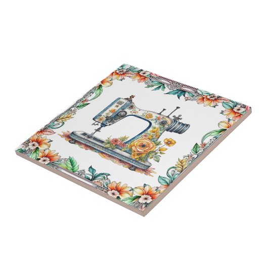 かわいらしフローラヴィンテージ裁縫機と花 タイル (側面)