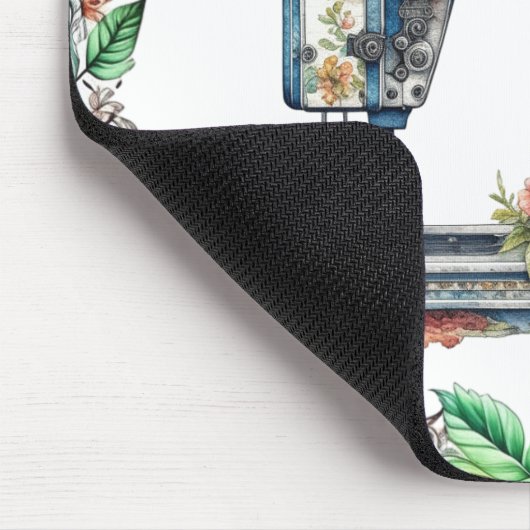 かわいらしフローラヴィンテージ裁縫機と花 マウスパッド (コーナー)