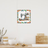 かわいらしフローラヴィンテージ裁縫機 ポスター (キッチン)