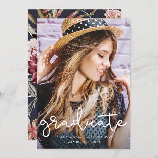 かわいらしフローラ卒業青い写真のお知らせ 案内状 (正面/裏面)