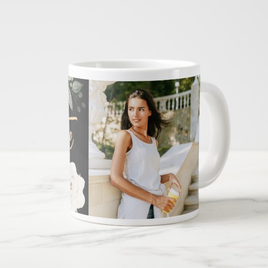 かわいらしフローラ大学院スクリプト写真黒 ジャンボコーヒーマグカップ (正面右)