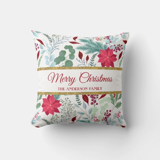 かわいらしフローラ水色グリッター赤ポインセチア クッション (正面)