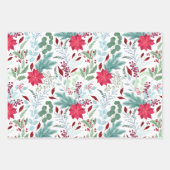 かわいらしフローラ水色グリッター赤ポインセチア ラッピングペーパーシート (正面)