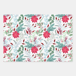 かわいらしフローラ水色グリッター赤ポインセチア ラッピングペーパーシート