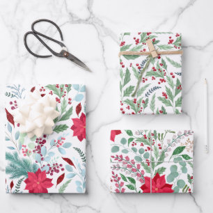 かわいらしフローラ水色グリッター赤ポインセチア ラッピングペーパーシート