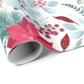 かわいらしフローラ水色グリッター赤ポインセチア ラッピングペーパー (ロールコーナー)