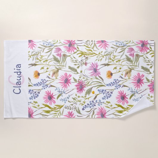 かわいらしフローラ野パターン（の模様が）ある花モノグラムの ビーチタオル (正面)