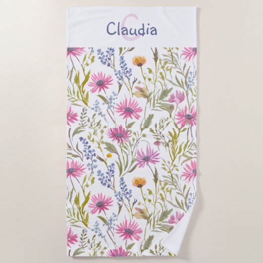 かわいらしフローラ野パターン(の模様が)ある花モノグラムの ビーチタオル (正面)