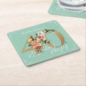 かわいらしフローラ40th誕生日ミント金ゴールドグラマラス スクエアペーパーコースター (アングル)