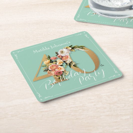 かわいらしフローラ40th誕生日ミント金ゴールドグラマラス スクエアペーパーコースター (アングル)
