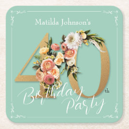 かわいらしフローラ40th誕生日ミント金ゴールドグラマラス スクエアペーパーコースター