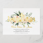 かわいらしフローラ |ピンク&金ゴールドバプテスマ写真 箔招待状 (正面)