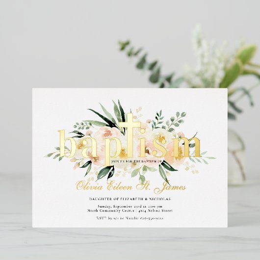 かわいらしフローラ |ピンク&金ゴールドバプテスマ写真 箔招待状 (立ち正面)