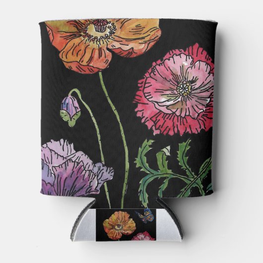 かわいらしブラックウォーター絵画カラーのケシ 缶クーラー (正面)