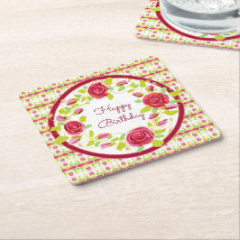 かわいらしブルゴーニュとピンクのフローラ設計 スクエアペーパーコースター