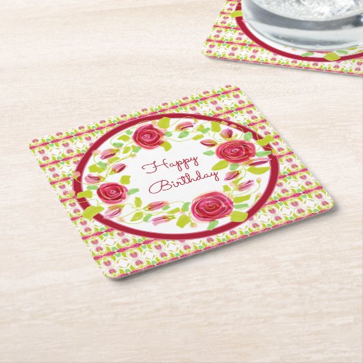 かわいらしブルゴーニュとピンクのフローラ設計 スクエアペーパーコースター (アングル)