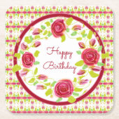 かわいらしブルゴーニュとピンクのフローラ設計 スクエアペーパーコースター (正面)