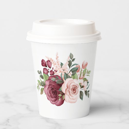 かわいらしブルゴーニュとピンクの水色の花 紙コップ (正面)