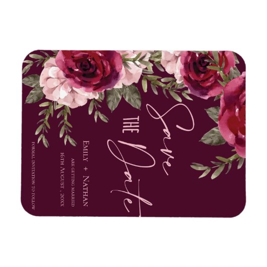 かわいらしブルゴーニュ桃フローラ結婚式の日付を保存 マグネット