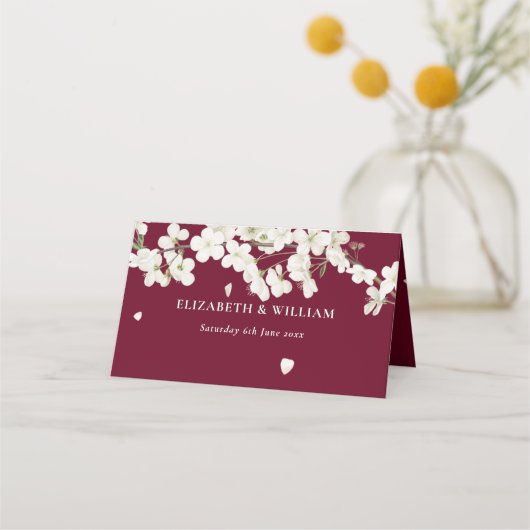 かわいらしブルゴーニュ白い花のフローラ結婚 プレイスカード (裏面)