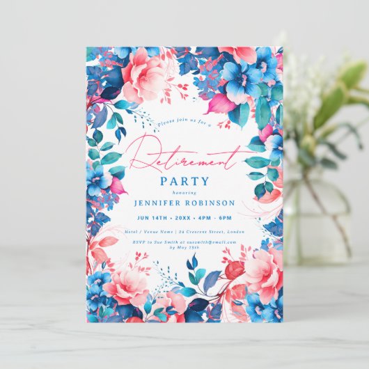 かわいらしブ色彩の鮮やかルーとピンクのフローラ退職パーティー 招待状 (スタンド正面)