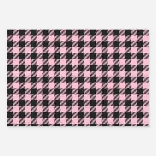 かわいらしベビーピンクと黒バッファローのプレイド ラッピングペーパーシート (正面)
