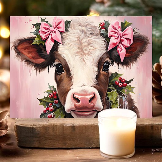 かわいらしベビー牛とピンクの弓クリスマス シーズンカード