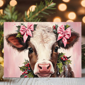 かわいらしベビー牛とピンクの弓クリスマス シーズンカード