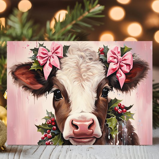 かわいらしベビー牛とピンクの弓クリスマス シーズンカード