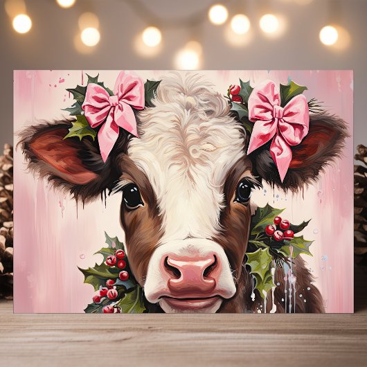 かわいらしベビー牛とピンクの弓クリスマス シーズンカード