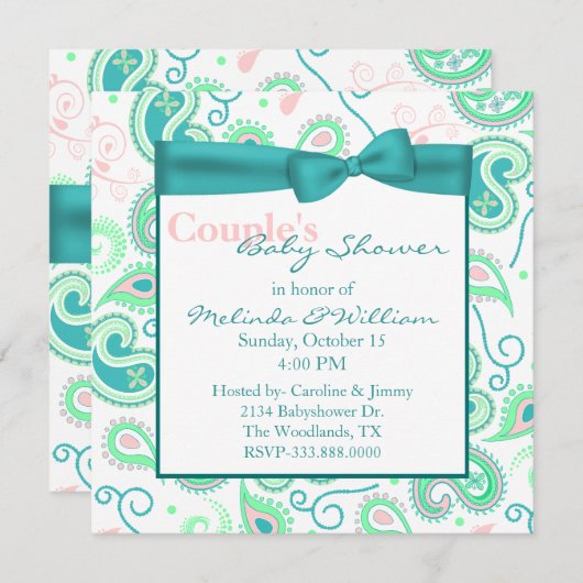 かわいらしペイズリーカップルの赤ちゃんシャワー招待状 招待状 (正面/裏面)