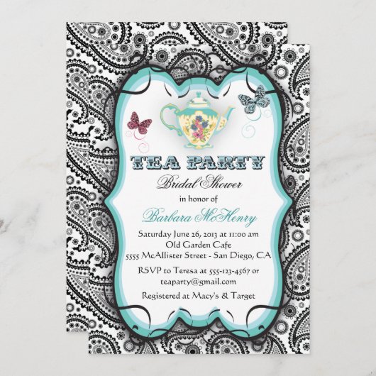 かわいらしペイズリーティーパーティの招待状 招待状 (正面/裏面)