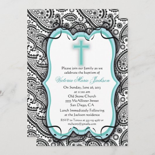 かわいらしペイズリーバプテスマ/《キリスト教》洗礼式や命名式招待状 招待状 (正面/裏面)