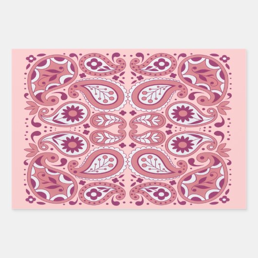 かわいらしペイズリー模様のピンクの白い花の色合い ラッピングペーパーシート (正面)