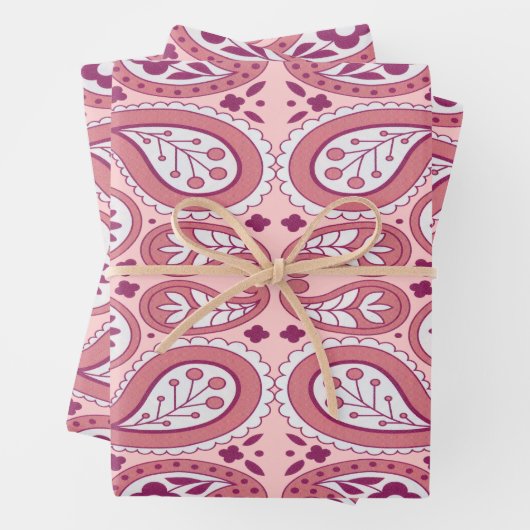 かわいらしペイズリー模様のピンクの白い花の色合い ラッピングペーパーシート (インサイチュ)