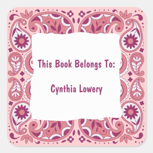 かわいらしペイズリー模様ピンク白い花 スクエアシール (正面)