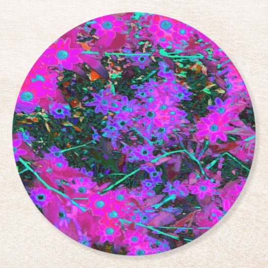 かわいらしホットピンク、マゼンタ、アクアブルー ラウンドペーパーコースター (正面)