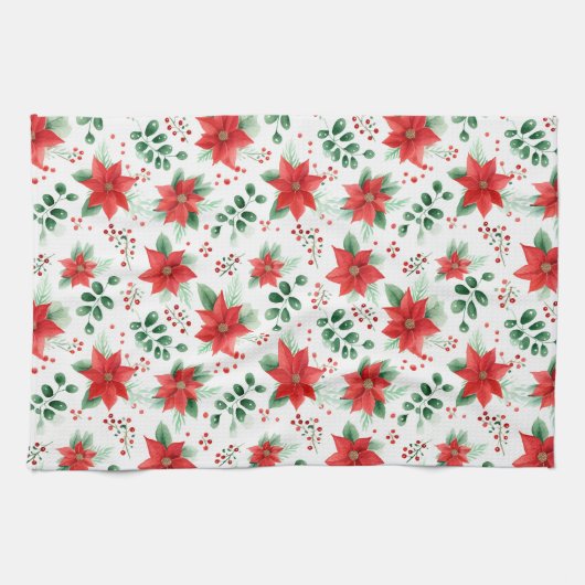 かわいらしポインセティアス・ミニマル水彩模様 キッチンタオル (横)