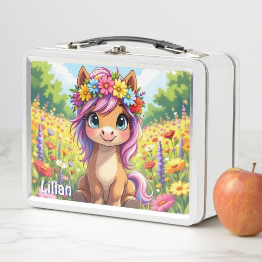 かわいらしポニーと花パーソナライズされた メタルランチボックス (インサイチュ)