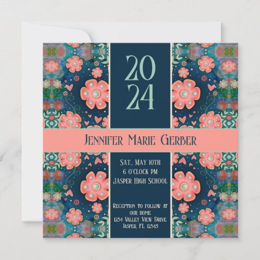 かわいらしモダンスタイリッシュフローラカスタム卒業 招待状 (正面)