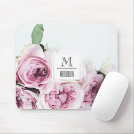 かわいらしモノグラムのピンクのローズイニシャルと縁どの マウスパッド