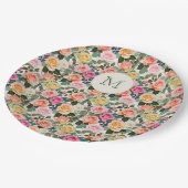 かわいらしモノグラムのフローラバラエレガント ペーパープレート (アングル)