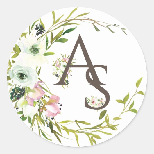 かわいらしモノグラムの赤面&ホワイトローズリース ラウンドシール (正面)