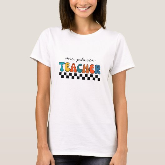かわいらしレトログルーヴィ&市松模様に先生 Tシャツ (正面)