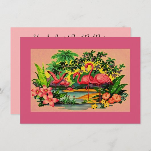 かわいらしレトロフラミンゴスプールパーティの招待状 招待状 (正面/裏面)