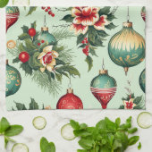 かわいらしレトロ休日オーナメント、フローラクリスマス キッチンタオル (折り畳み)