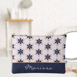 かわいらしレトロ70のフラワーパワー海軍かろうじてピンク アクセサリーポーチ