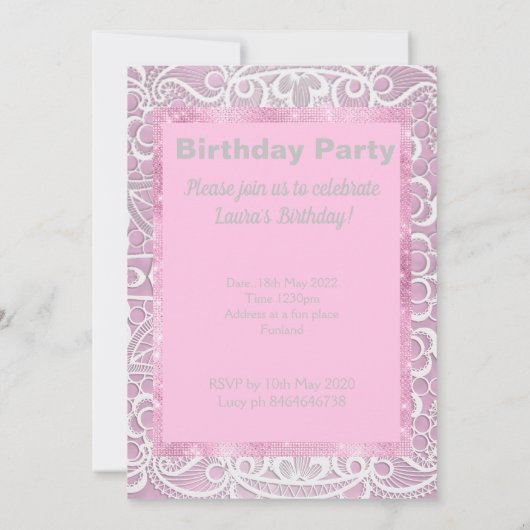 かわいらしレース真珠エレガントの生誕カスタム生日 招待状 (裏面)