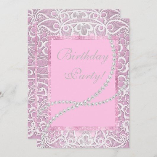 かわいらしレース真珠エレガントの生誕カスタム生日 招待状 (正面/裏面)