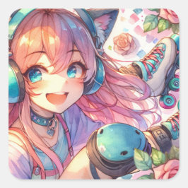 かわいらしローラースケートのアニメ女子バースデーパーティー スクエアシール